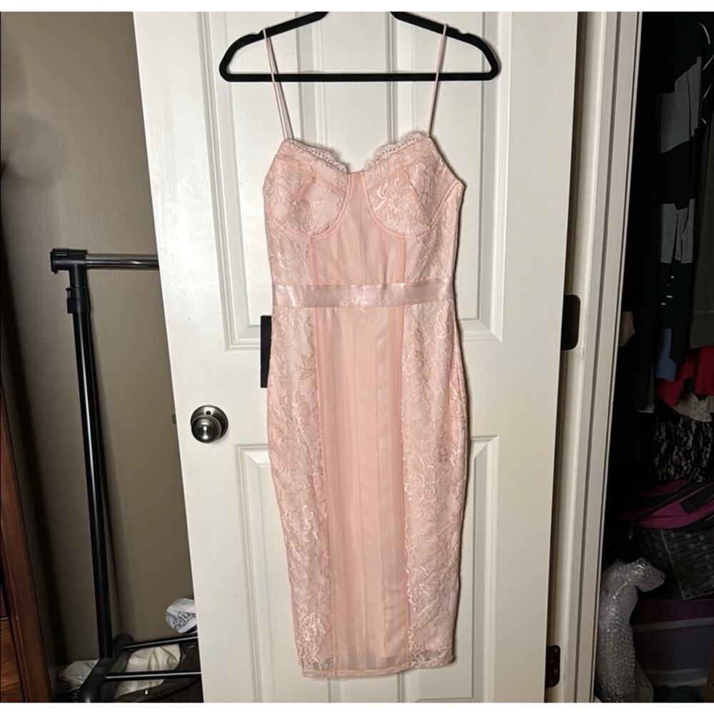 Bebe Blush Striped Mesh Lace Satin Midi Dress - Picture 3 of 6